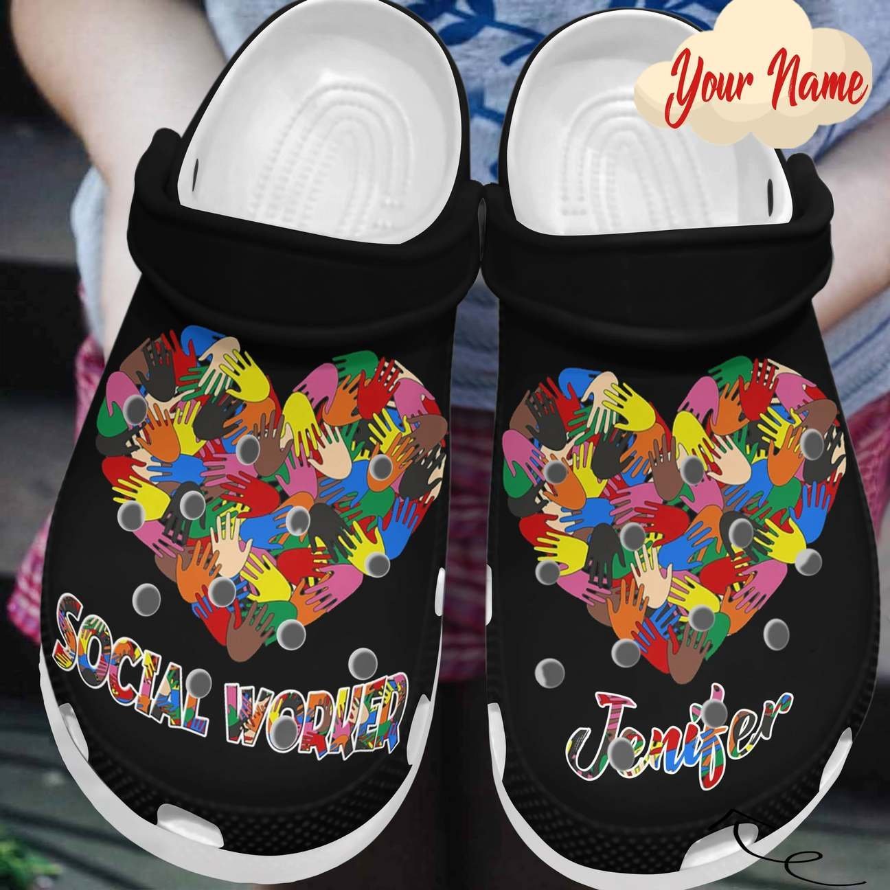 Social Worker Personalized Clog, Custom Name, Text, Color, Number Fashion Style For Women, Men, Kid, Print 3D Colorful Hands