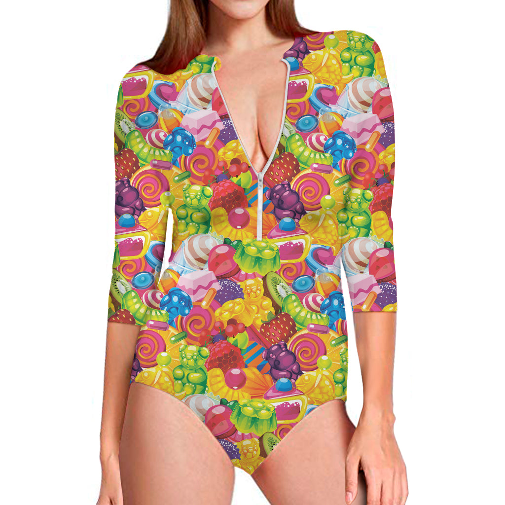 Candy And Jelly Pattern Print Long Sleeve One Piece Swimsuit