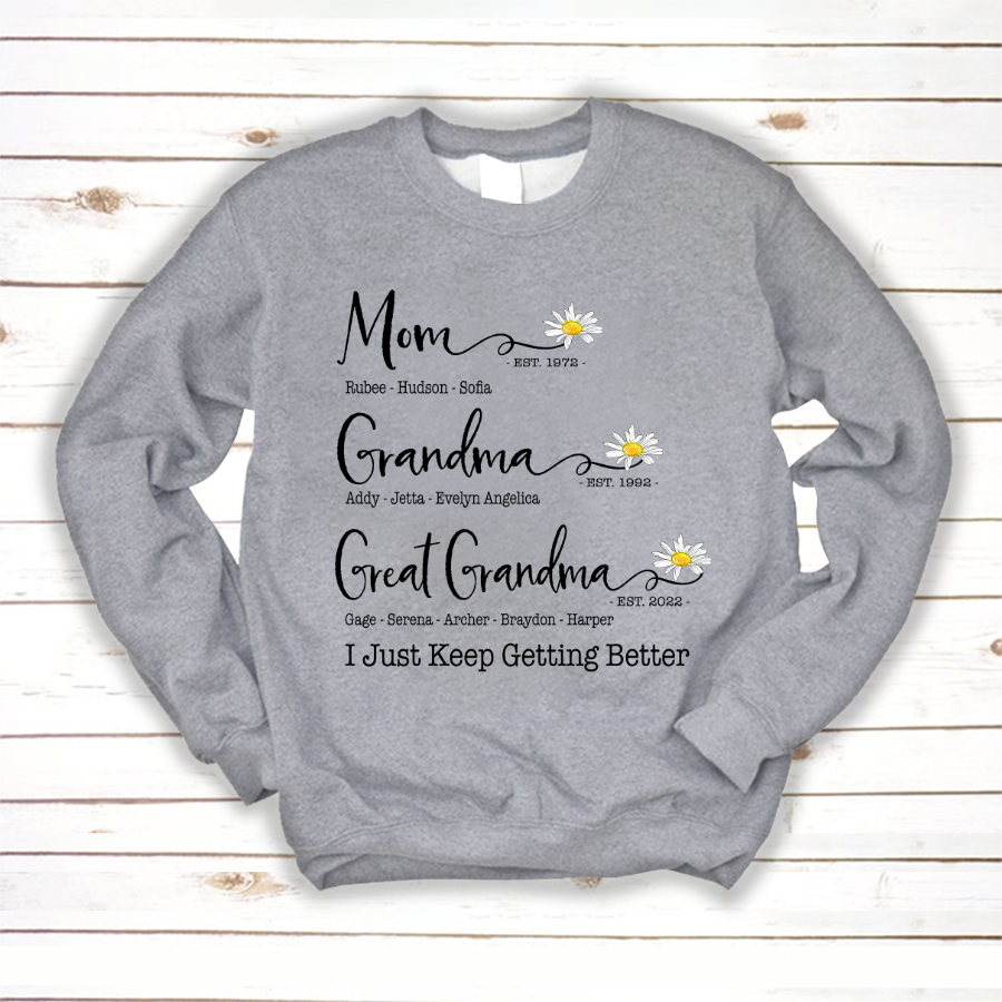 Mom Grandma Great Grandma Flower I Just Keep Getting Better Sweatshirt