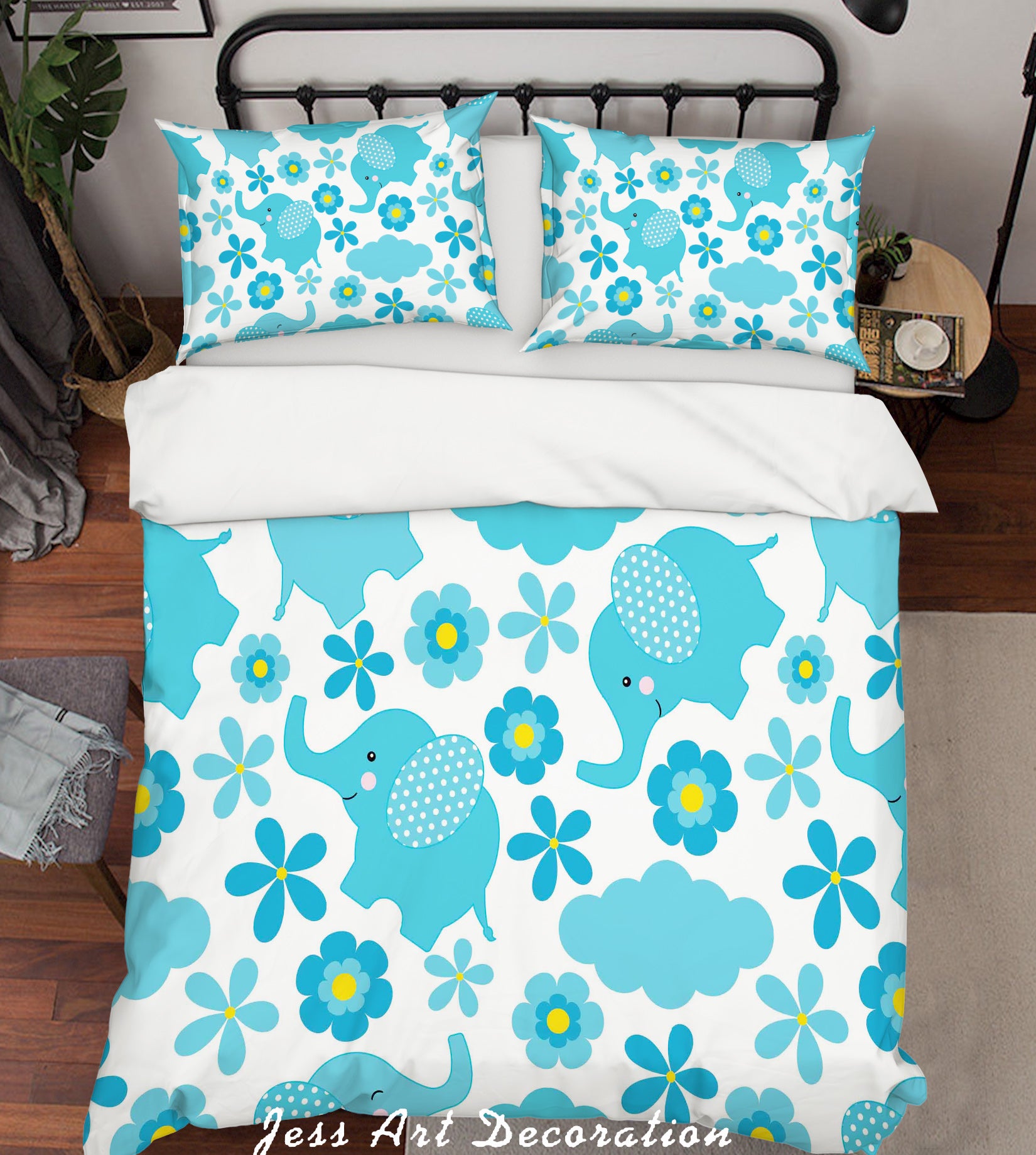 3D Cartoon Blue Elephant Flower Quilt Cover Set Bedding Set Pillowcases 141