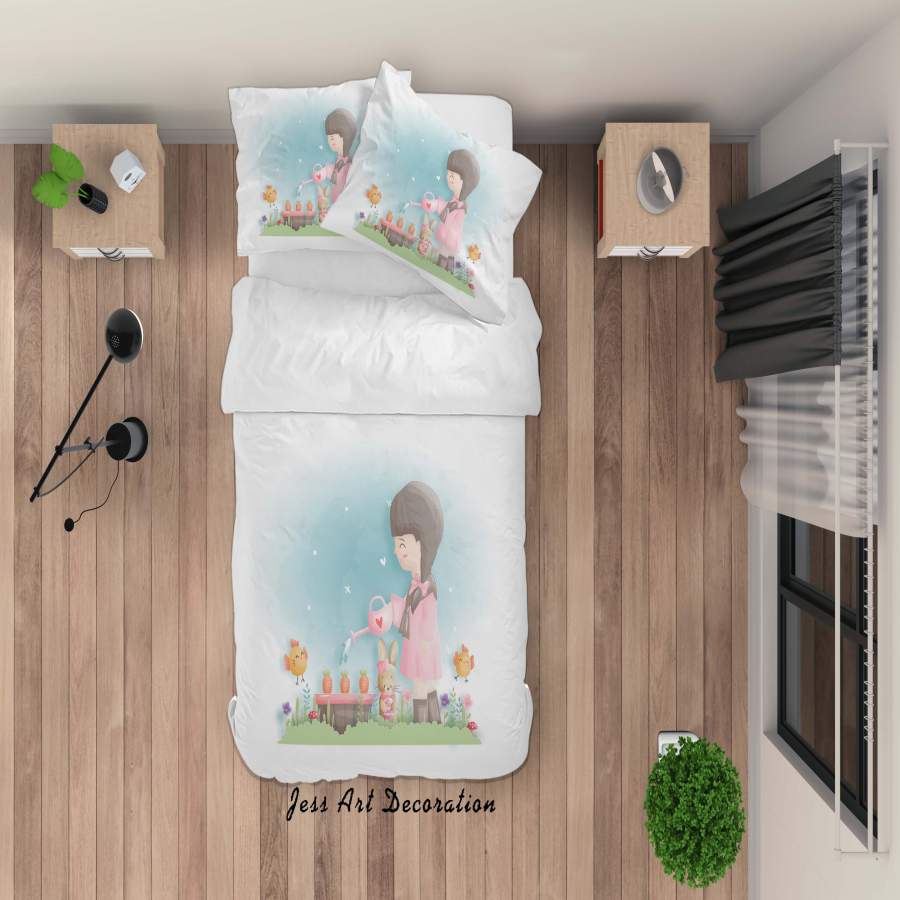 3D White Girl Floral Rabbit Chick Carrot Quilt Cover Set Bedding Set Duvet Cover Pillowcases SF72