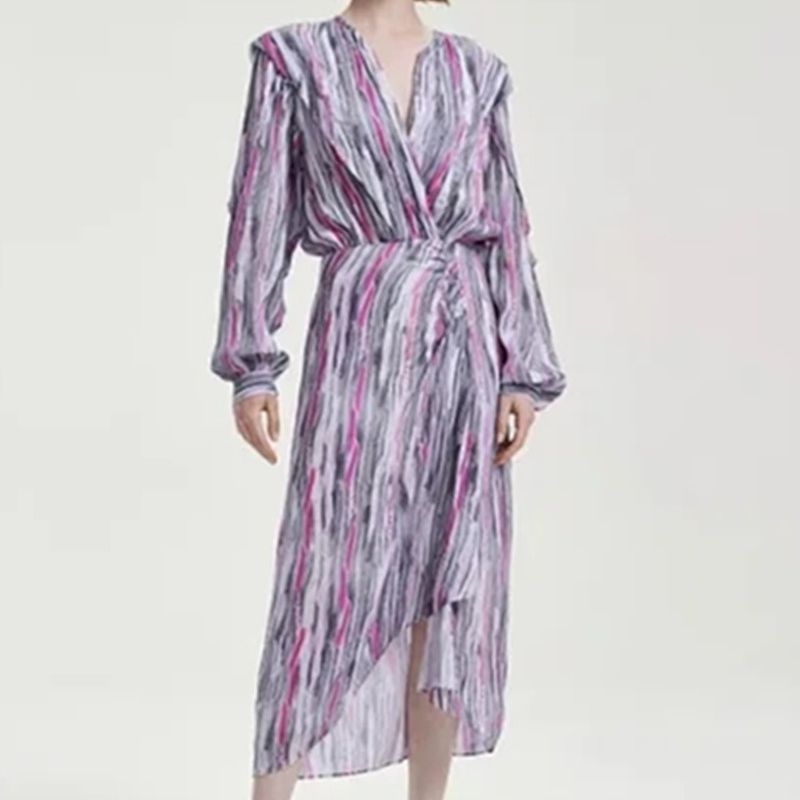 Women Irregular Mid-calf Robe Watercolor Striped Print Long Lantern Sleeve V-neck Female Autumn 2022 Dress alx