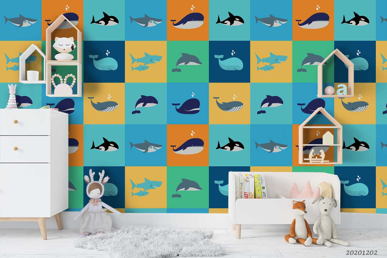 3D Cartoon Colorful Lattice Ocean Shark Whale Dolphin Pattern Wall Mural Wallpaper Lxl