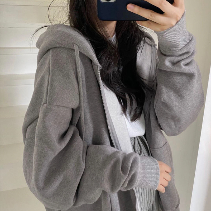 Women Harajuku Korean Version Hoodie Female Vintage Solid Long Sleeve Loose Coats Y2K Casual Zip Up Oversized Hooded Sweatshirts alx