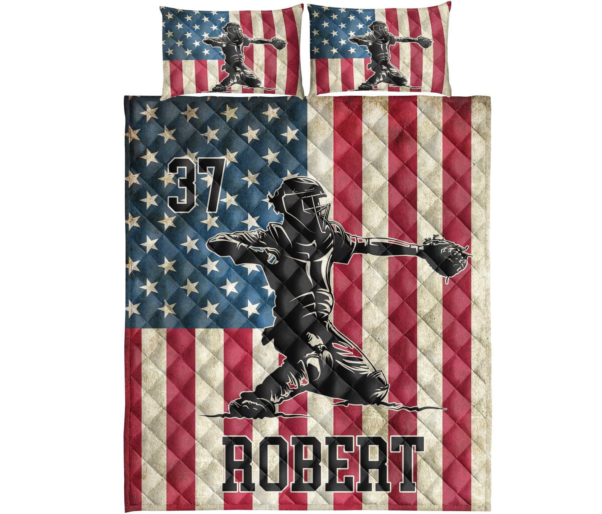 Custom Name American Flag Baseball Catcher G51217 – Quilt Bedding Set unisex womens & mens, couples matching, friends, funny family christmas holiday Quilt bedding set gifts (plus size available)