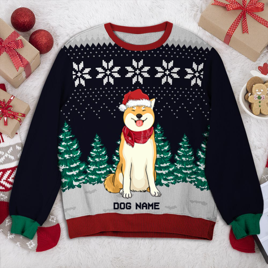 Shiba Inu Dog And Christmas Tree Personalized Sweater, Dog Ugly Christmas Sweater