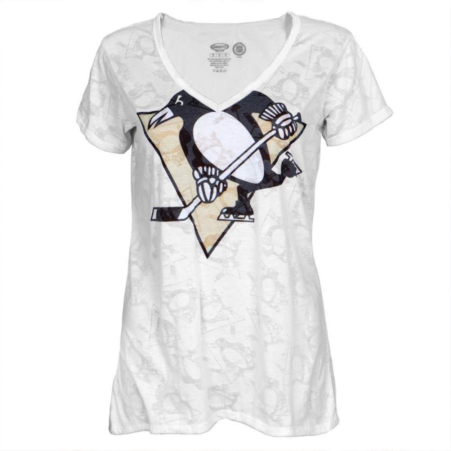 Pittsburgh Penguins – Large Logo Juniors Burnout V-Neck T-Shirt