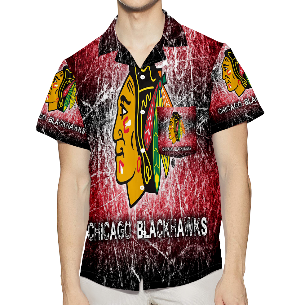 Chicago Blackhawks Emblem Texture5 3D All Over Print Summer Beach Hawaiian Shirt With Pocket