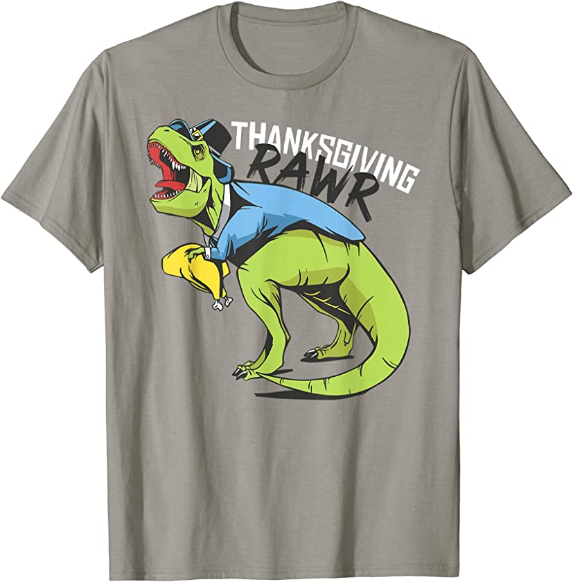 Thanksgiving T-Rex Dinosaur Holding Turkey Kids Funny T-Shirt