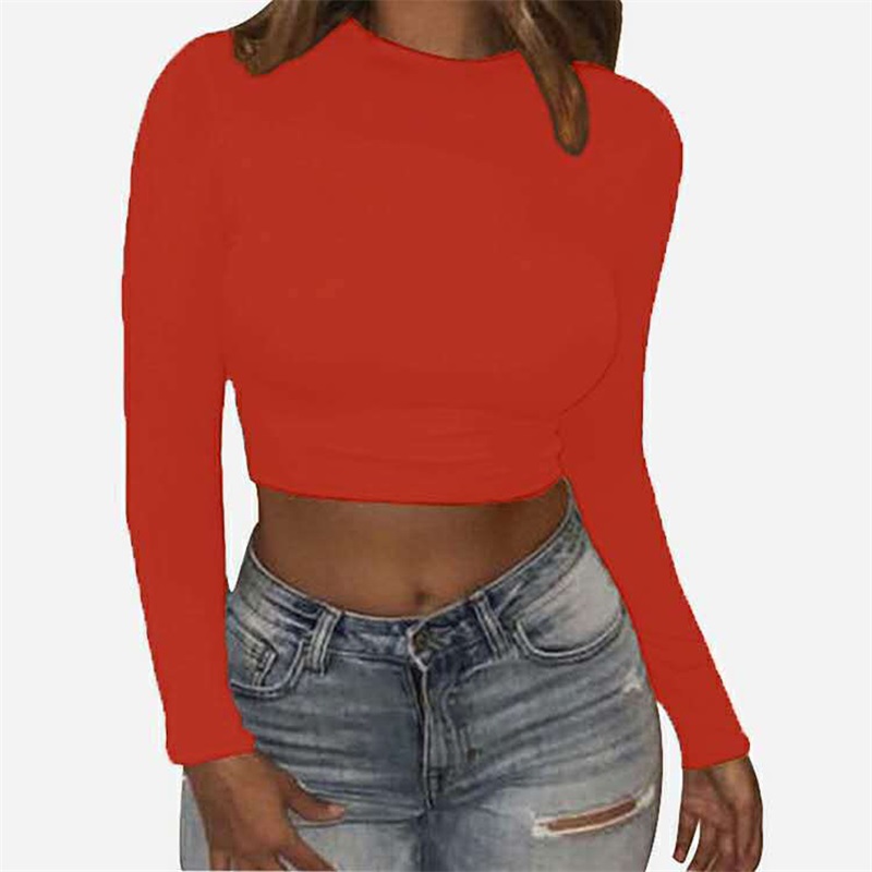 Women Sexy Bodycon T-shirts Autunmn Women Long Sleeve O-neck Crop Top Modis Sheath T-shirts Fashion Autumn Solid Tops alx