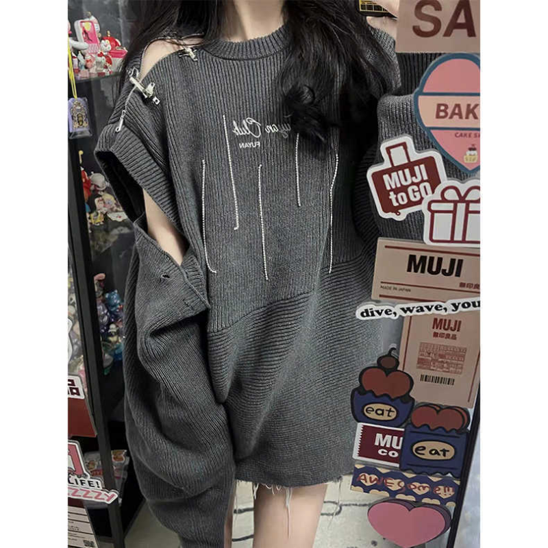 2022 Grunge Harajuku Solid Grey Knit Sweater Women Y2K Streetwear Hole Broken Jumper Loose Purple Sweaters Punk Gothic Clothes alx