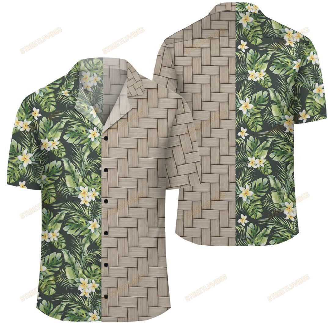 Hawaiian Summer Plumerias Flowers Palm Tree Monstera Leaves Lauhala Moiety Shirt Ah Jr Ha102588