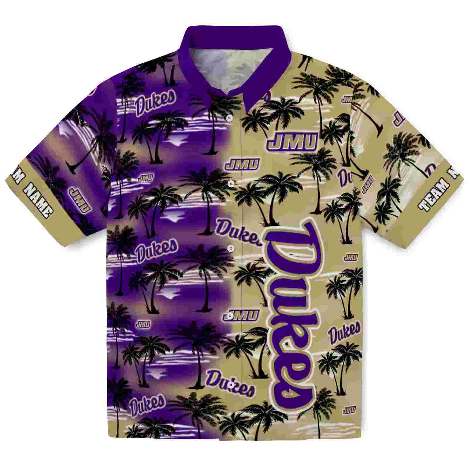 Custom James Madison Dukes Palm Silhouettes Purple Hawaiian Shirt