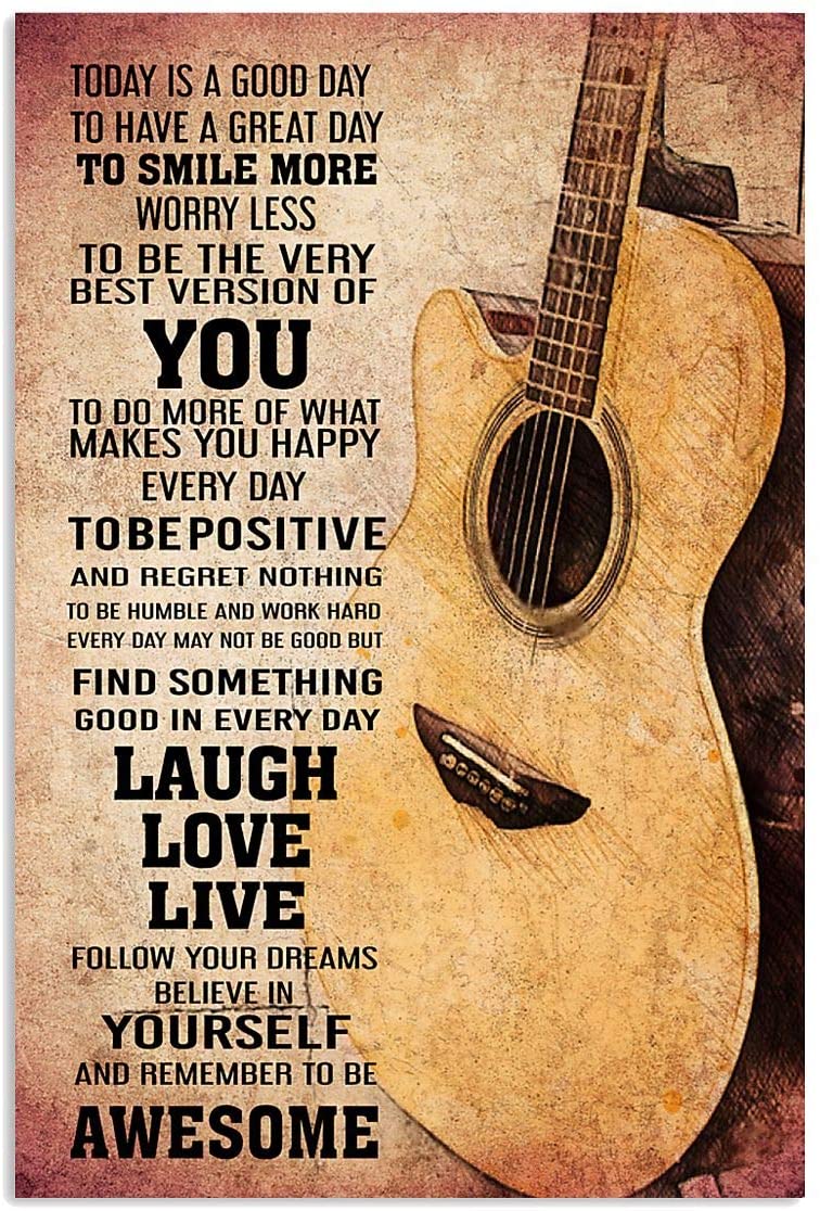 Vintage Guitar – Good Day Make You Happy Every Day Remember To Be Awesome Poster Art Print      Home Decor Gift For Men Women Family Friend On Birthday Xmas