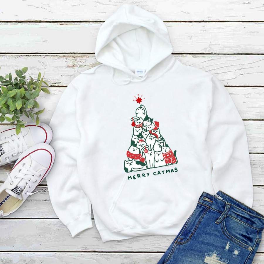 Cute cats christmas tree merry catmas color of noel white hoodie for men and women S-5XL