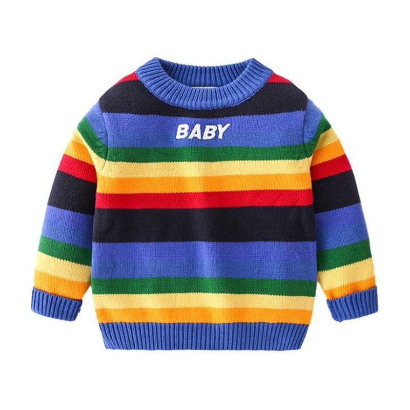 Toddler Boys Sweater Casual Rainbow Striped Warm Cotton Baby Boy Tops Pullovers Autumn Winter Thick Sweaters Children Clothes alx