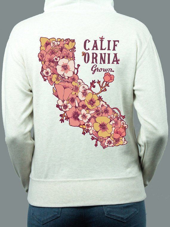 Ivory California Grown State Outline Poppy Flower Zip Up Pink Yellow Floral Hoodi Shirt