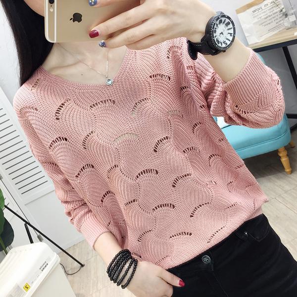 2021 New Hollow Out Women’s Sweater Autumn Casual V-Neck Long Sleeve Pullover Loose Knitted Top Korean Bottom Thin Jumper Female alx