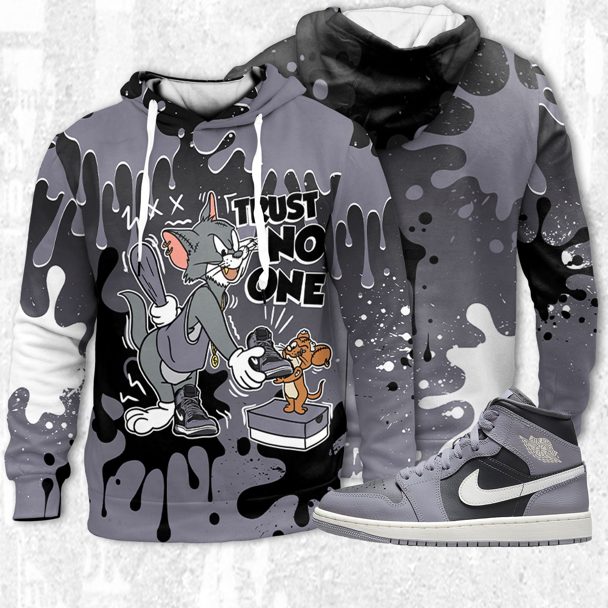 Trust No One Cat And Mouse 3D Splash Unisex Hoodie 3D match Jordan 1 Mid Cement Grey Air Jordan Jordan MatchHoodie