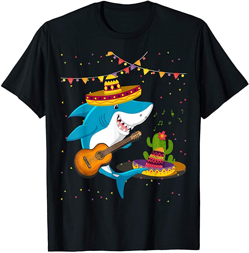 Cinco De Mayo Shark Musician Wear Sombrero Playing Guitar T-Shirt