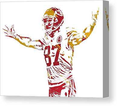 Travis Kelce Kansas City Chiefs Watercolor Strokes Pixel Art 2 Joe Hamilton Canvas Print