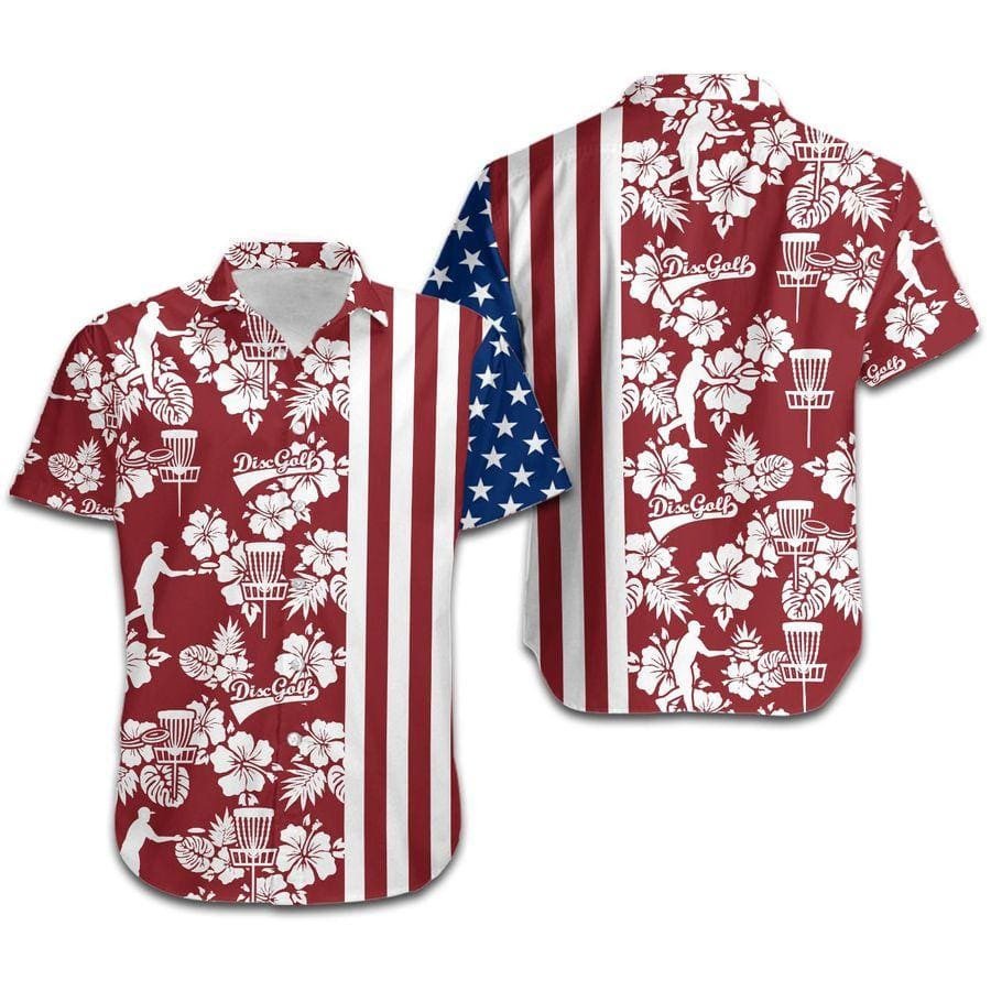 Hawaii Aloha Shirts Disc Golf Red Hibiscus Flowers American Flag Ha2149