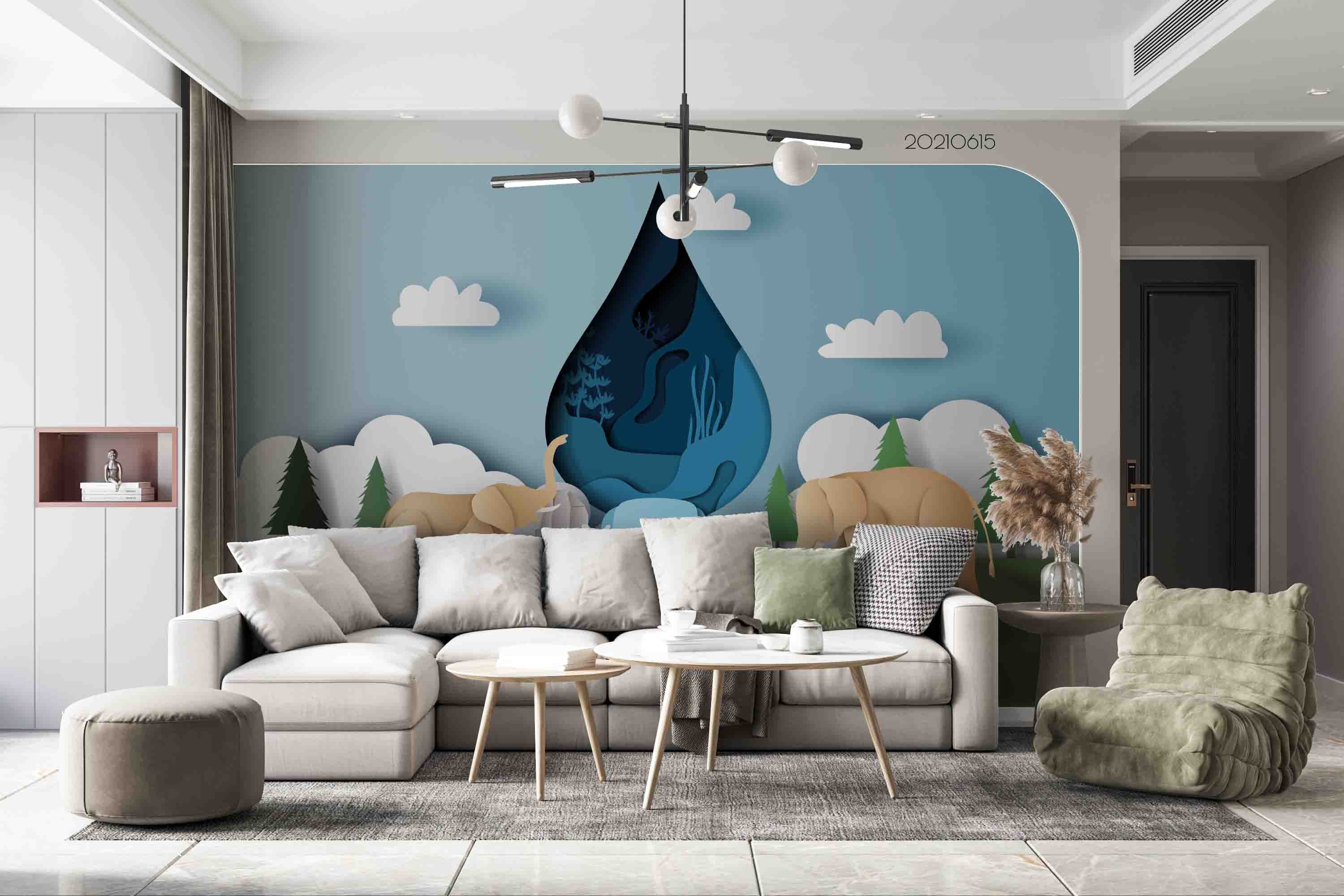 3D  Paper Cut Elephant Water Drop  Wall Mural Wallpaper Sww2532