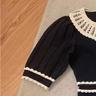 2021 Early Autumn New Doll Collar Hollow Knit Short-sleeved Black Dress Women Mini / Midi Dress alx