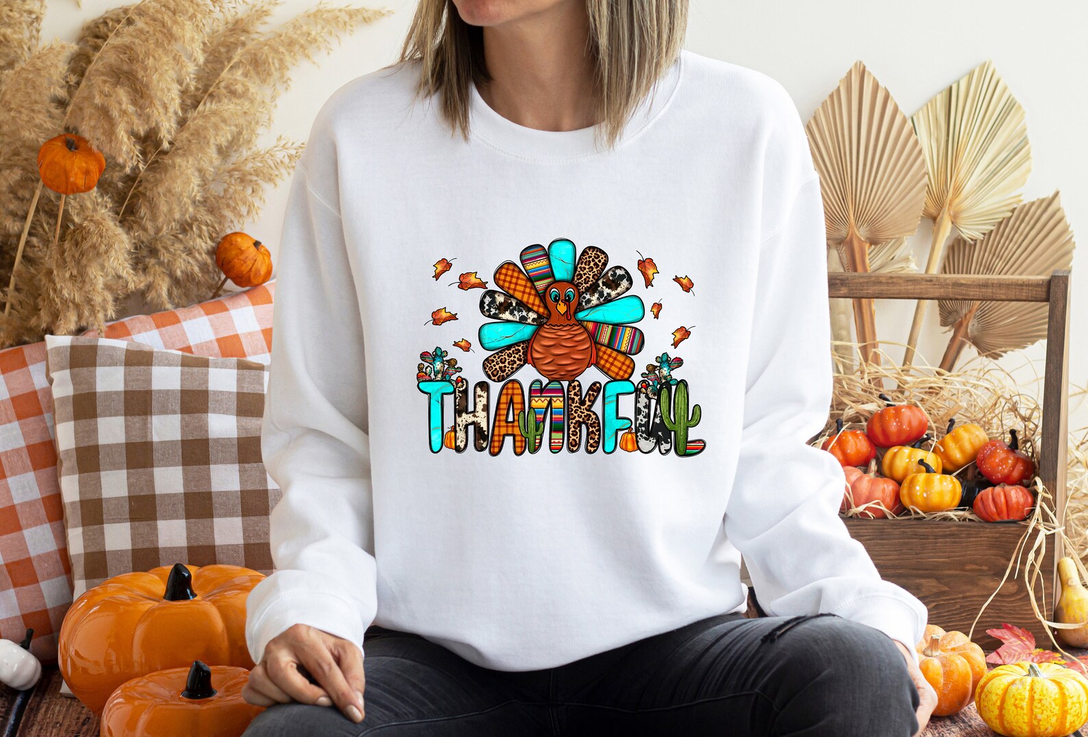 Thankful Thanksgiving Sweatshirt Halloween 2D Crewneck Sweatshirt All Over Print Sweatshirt For Women Sweatshirt For Men Sws3588