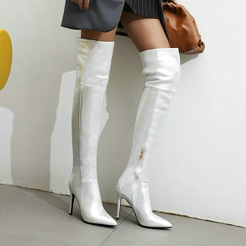 2020 New Women Over The Knee Boots Fashion Pointed Toe Thin High Heel Ladies Long Boots Zipper Women Winter Shoes Gold Sliver Alwx