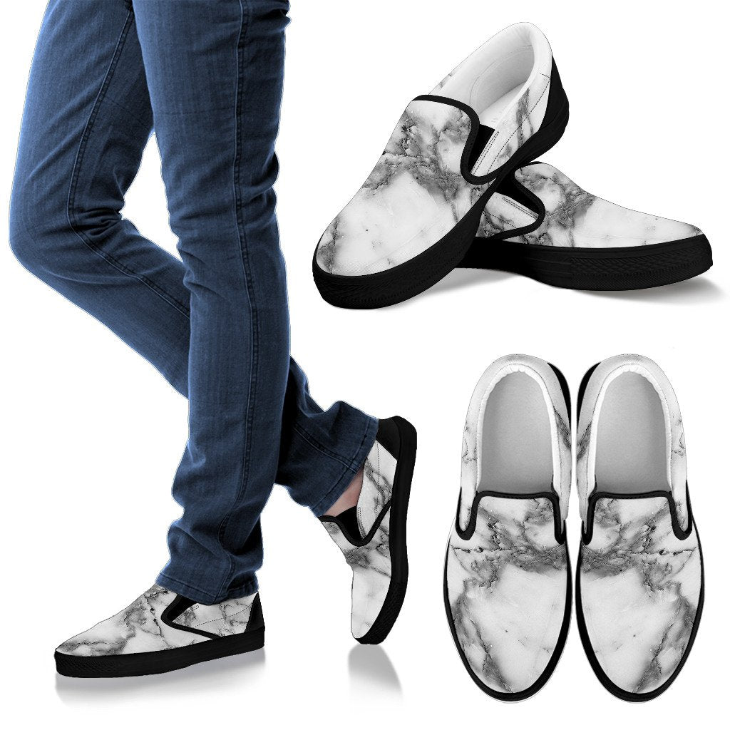 White Gray Marble Print Men’S Slip On Shoes