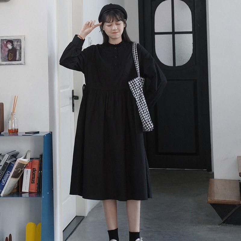 Women Long Sleeve Dresses Solid Loose Drawstring Students Leisure Soft Midi Sweet Femme Trendy Korean Style Daily All-match Chic alx