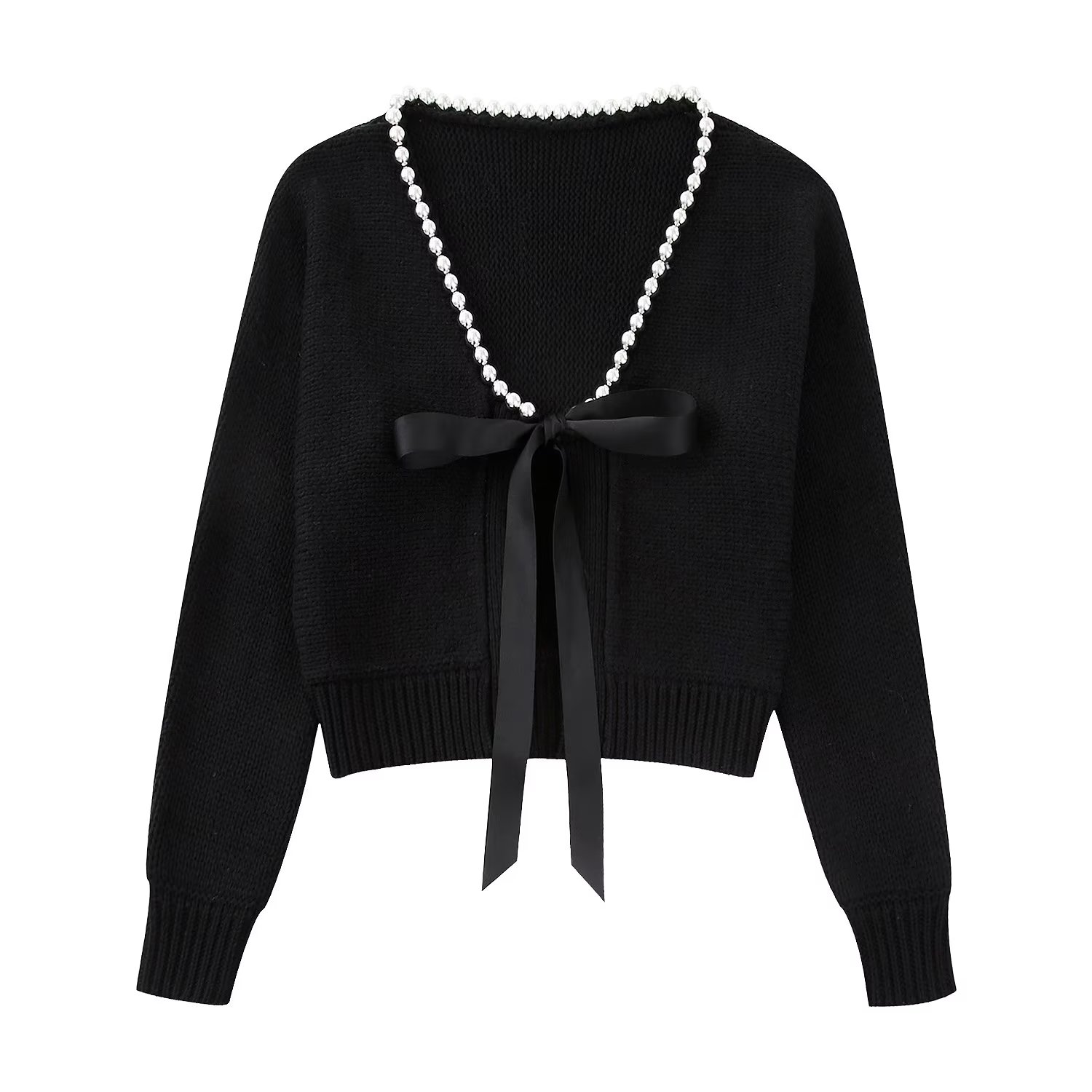 TRAF Women Solid Bow Knitted Sweater Coats 2022 Autumn Warm Single Breasted V-neck Cardigan Tops Female Long Sleeve Sweet Top alx