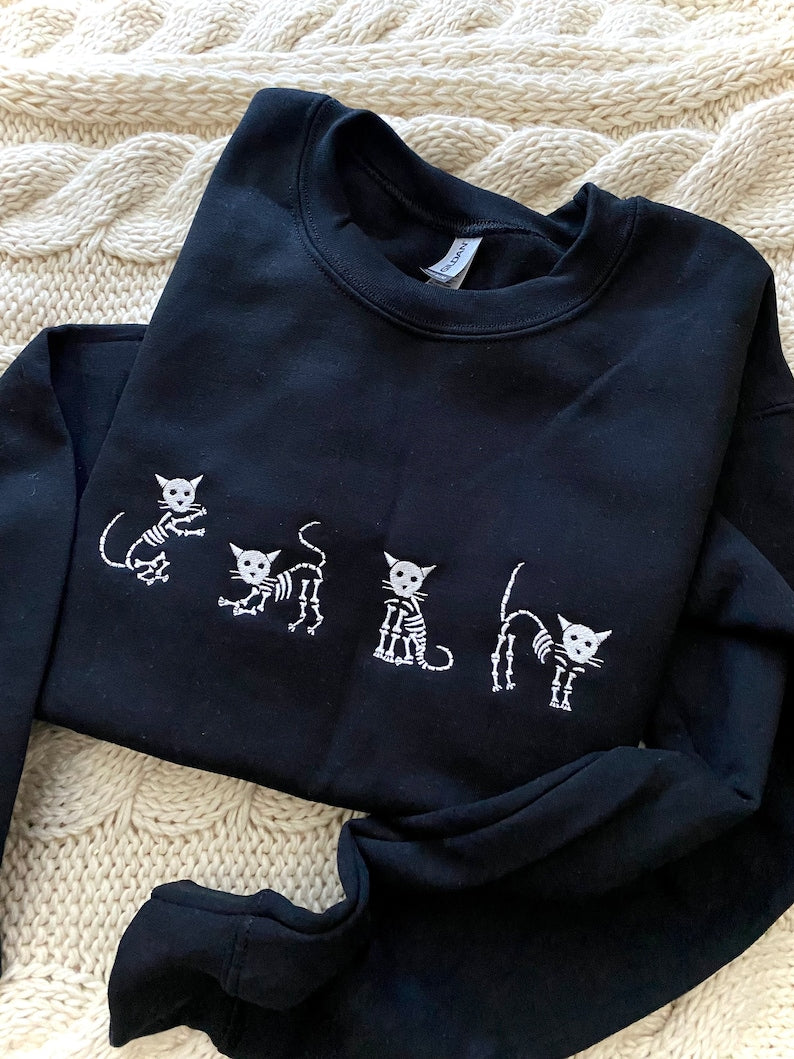 Skeleton Cat Halloween Embroidered Sweatshirt 2D Crewneck Sweatshirt All Over Print Sweatshirt For Women Sweatshirt For Men Sws3730