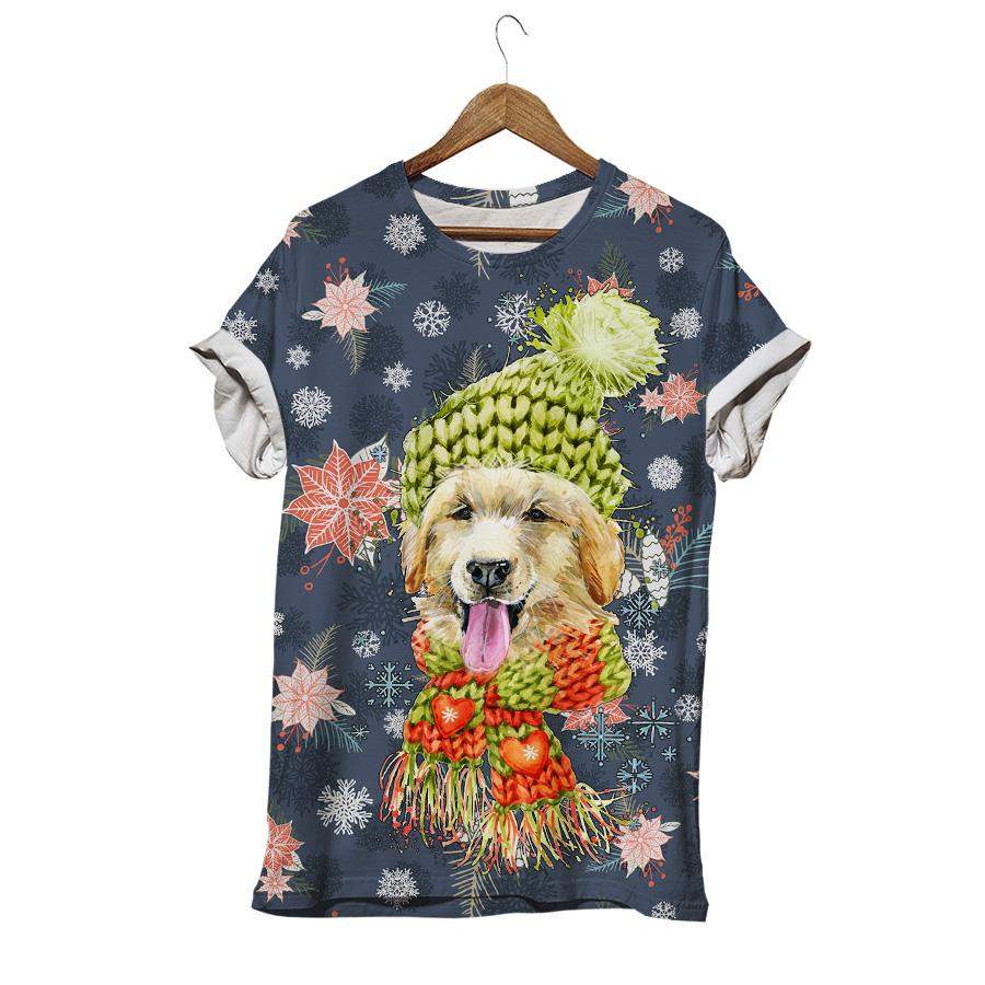 Puppy Dog In A Knitted Hat With Snowflake Winter Snow Cocker Spaniel Dog T-shirt