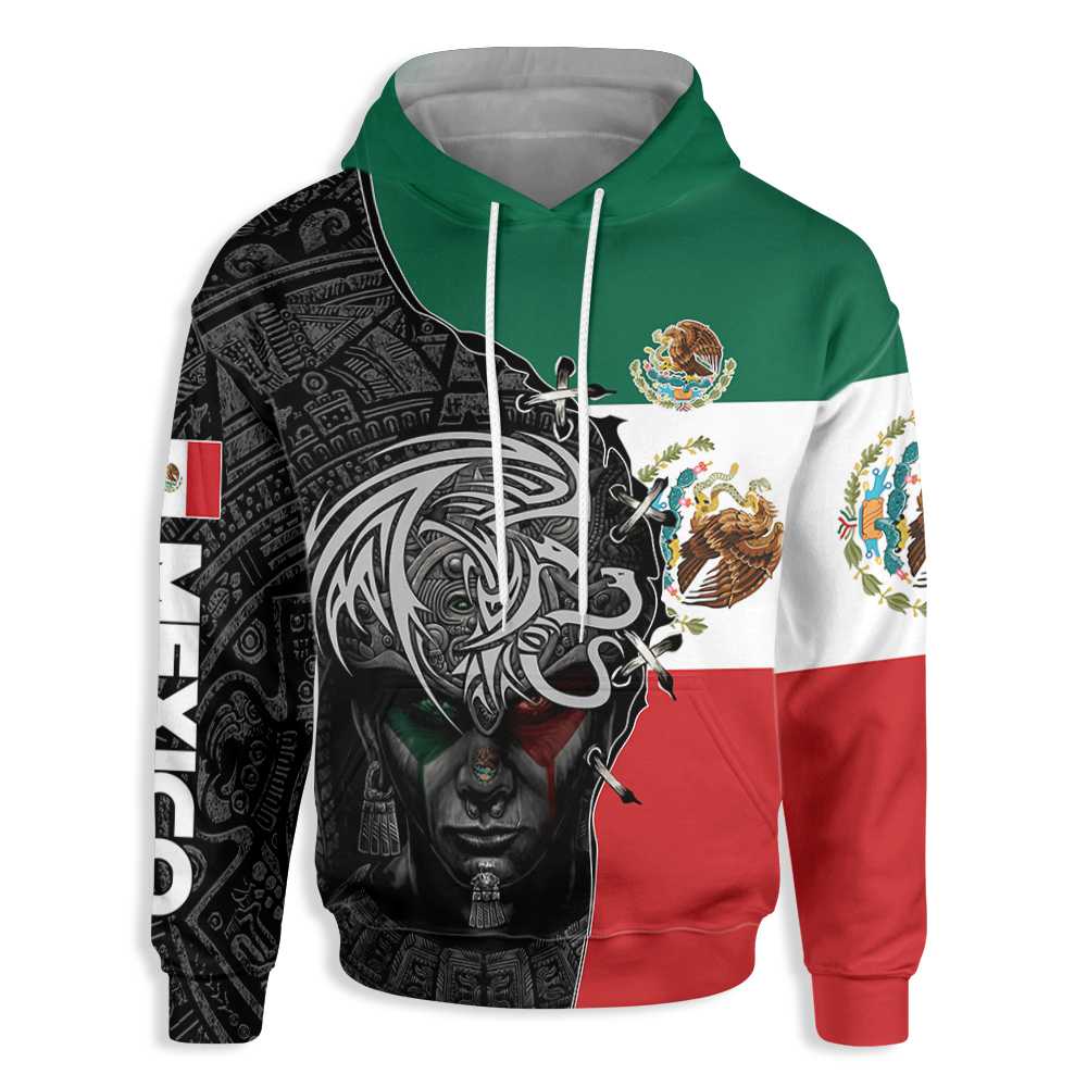 Aztec Culture Mexico All Over Print Hoodie, Aztec Empire Mexican Flag Symbol Hoodie Black