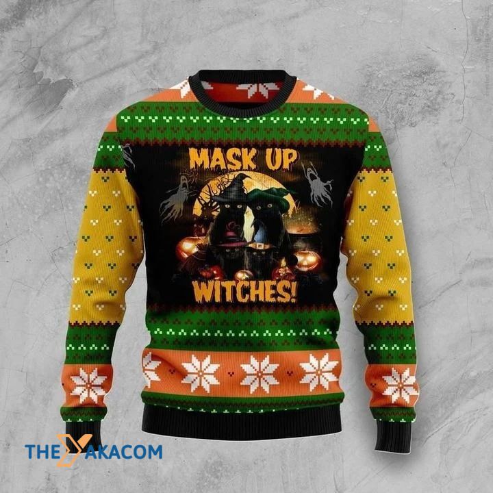 Scared Black Cat Mask Up Witches Gift For Christmas Ugly Christmas Sweater