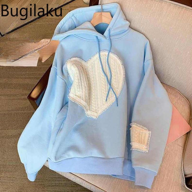 Bugilaku Lace Patchwork Love Heart Hoodies Women Hooded Long Sleeve Loose Casual Pullovers Korean Fashion All-match Sweatshirts alx