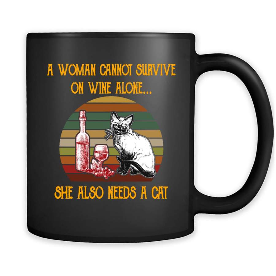 A Woman Cannot Survive On WIne Alone She Also Needs A Cat, Classic Vintage Retro Design – Full-Wrap Coffee Black Mug