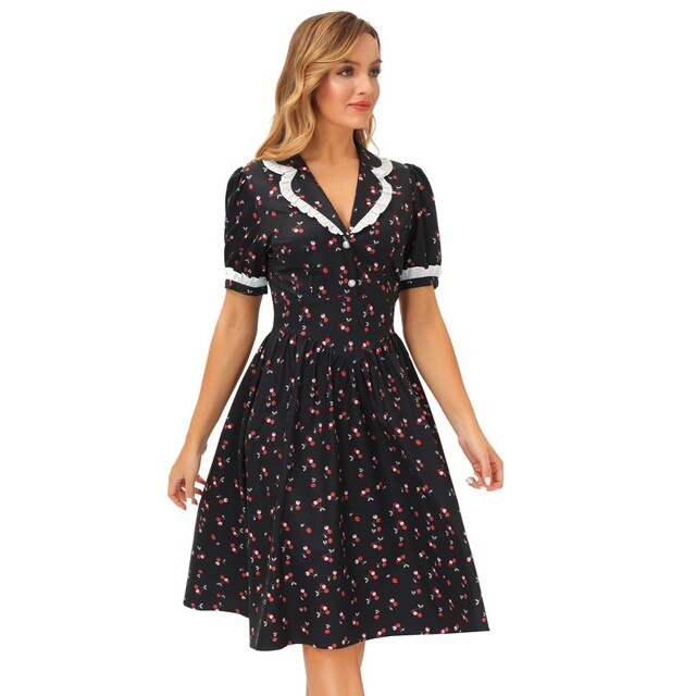 Belle Poque Women Dresses Retro Lapel Collar Dress Puffed Short Sleeve V-Neck Print Knee Length Elegant Lady Flared A-Line Dress alx