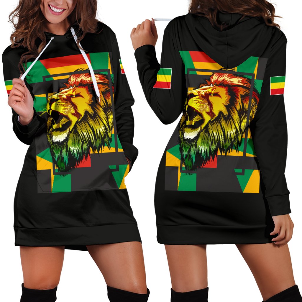 1stTheWorld Ethiopia Hoodie Dress, Ethiopia Lion Abstrato Black Women A10