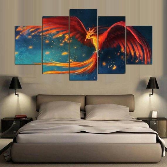 Phoenix Mythical Bird 1 Abstract Animal 5 Panel Canvas Art Wall Decor