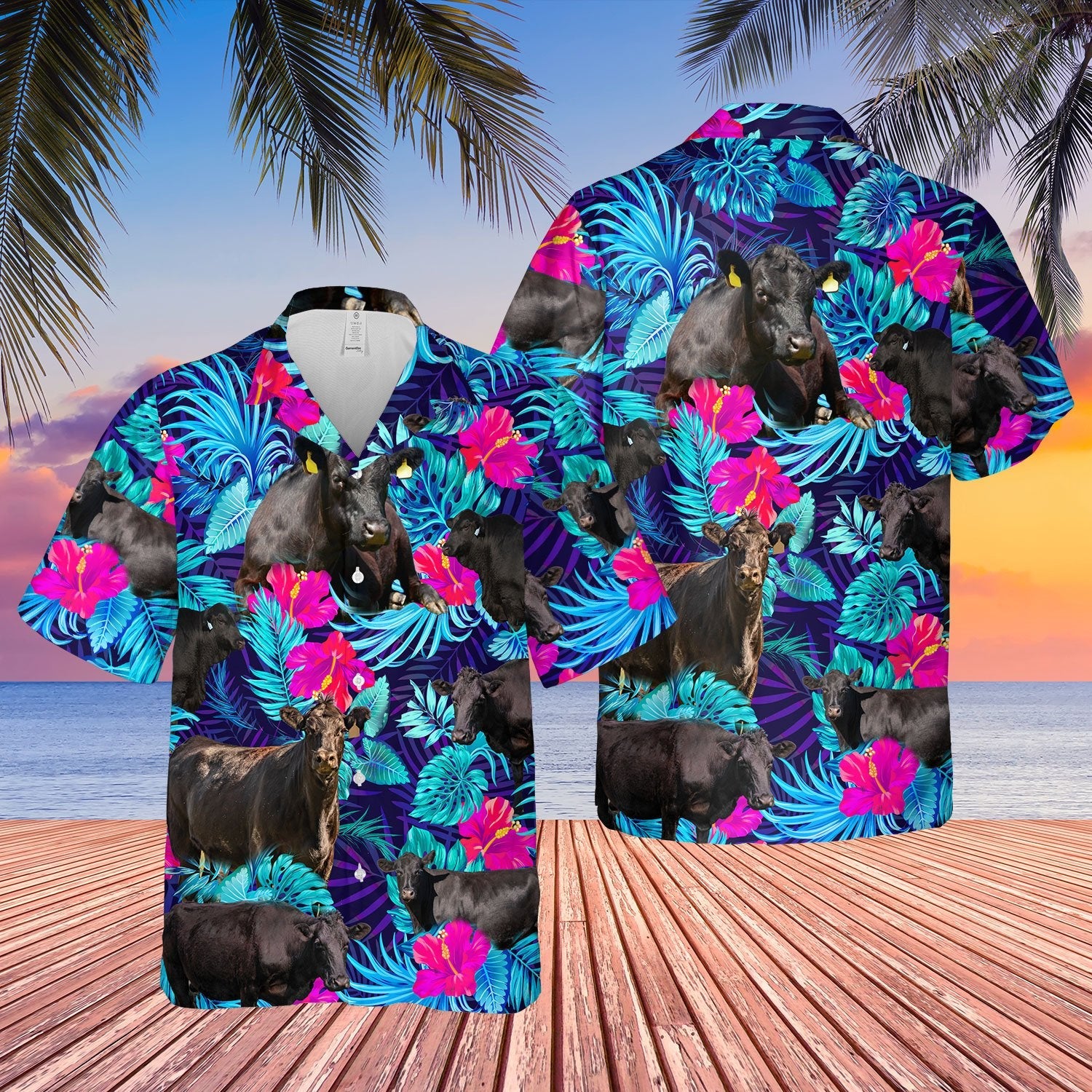 Black Angus Blue Neon Tropical Cattle Hawaiian Cow Shirt For Men Women Ha56166