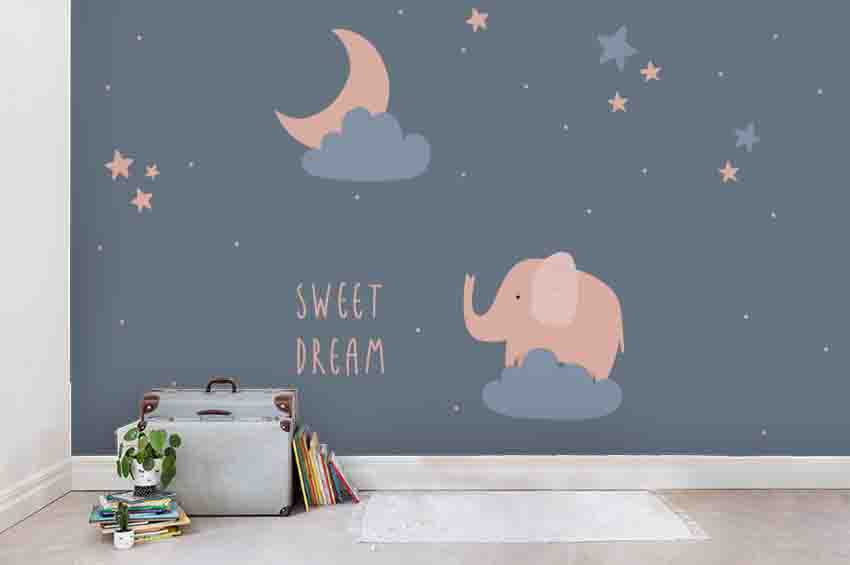 3D Cartoon Elephant Moon Starry Sky Wall Mural Wallpaper A227 Lqh