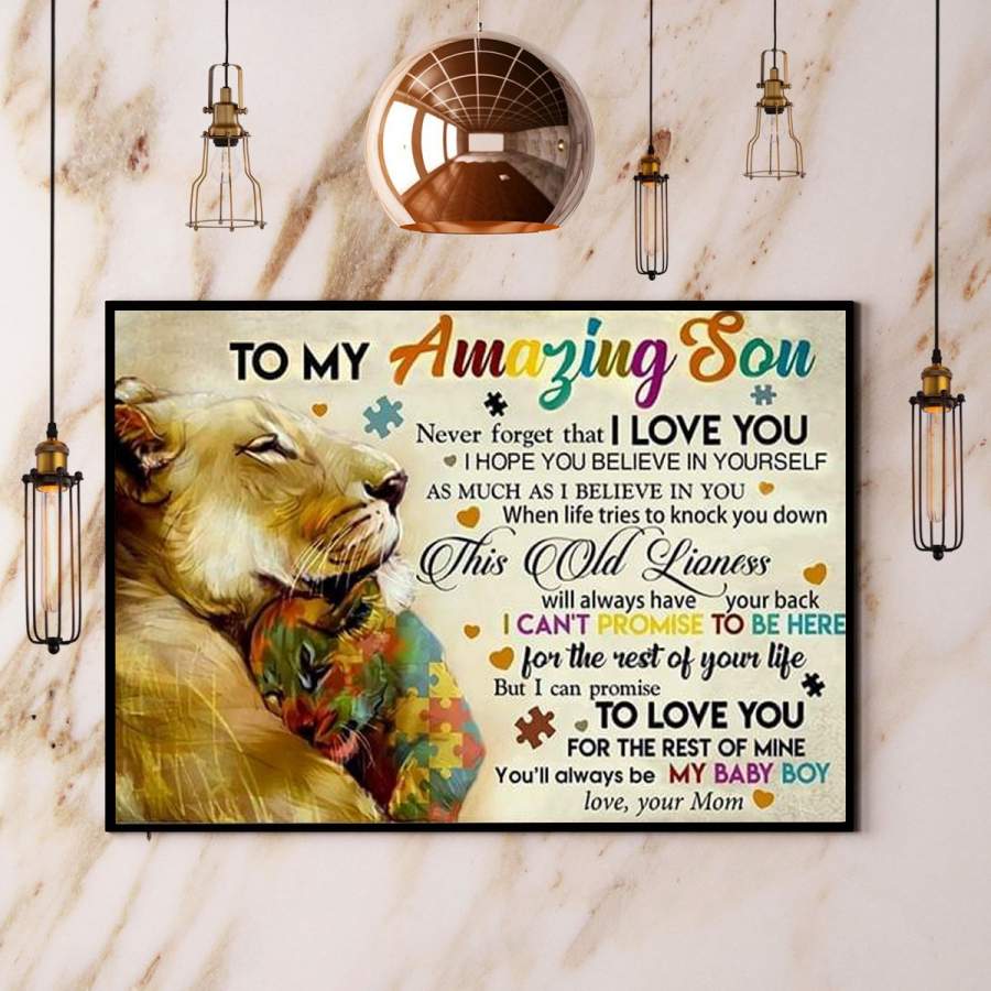 Autism lion mom to my amazing son i hope you believe in yourself animal lovers vintage horizontal paper poster no frame/ wrapped canvas wall decor