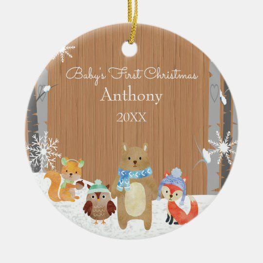 Personalized Ornament Woodland Animals Baby’S First Christmas Customized Ceramic Circle Ornament 1 – 2 Sided