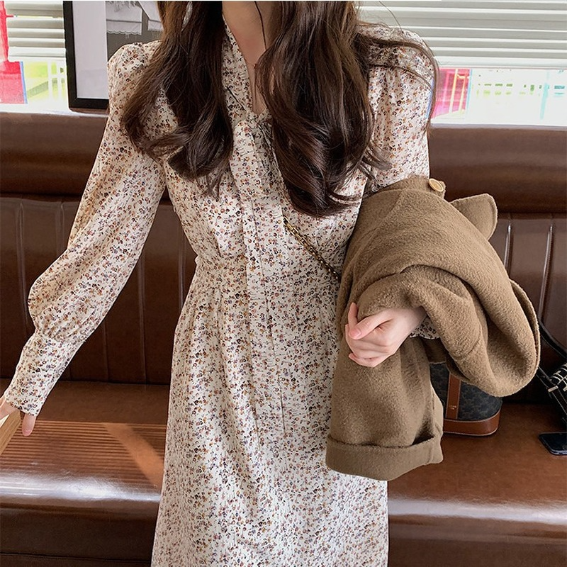 2021 Autumn Floral Midi Dress Women Long Sleeve Casual Evening Party Vintage Dress Office Lady Elegant One Piece Dress Korean alx