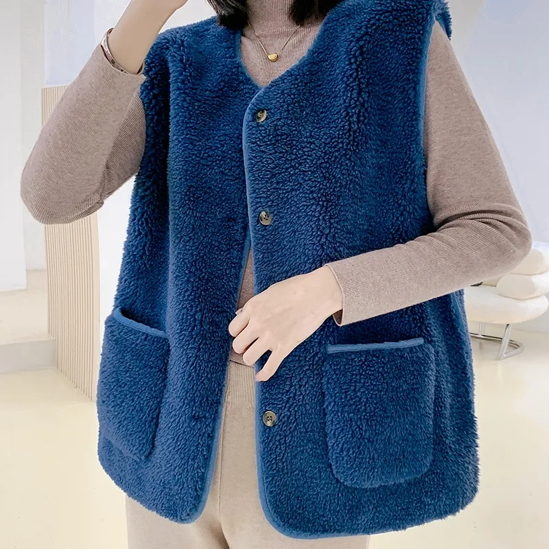 Casual Gilets Solid Waistcoat Sleeveless Jacket Pink Coat Outwear Top Chalecos Fall Winter Faux Lambwool Grain Fleece Women Vest alx