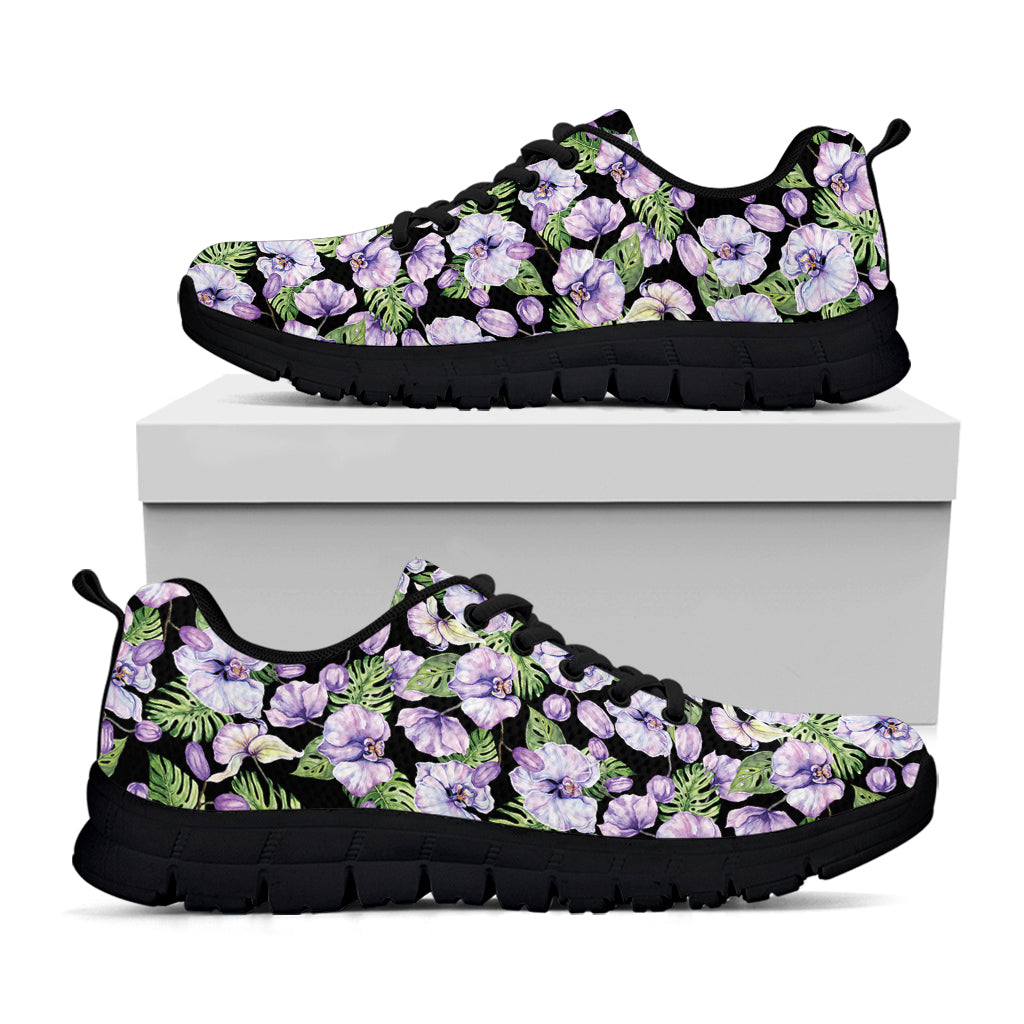 Watercolor Cattleya Pattern Print Black Sneakers