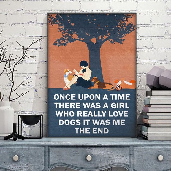 Young Girl Reading With Dog Poster – A Girl Loves Dogs And Book Canvas Home Décor Birthday Christmas Gifts For Girl Daughter Niece